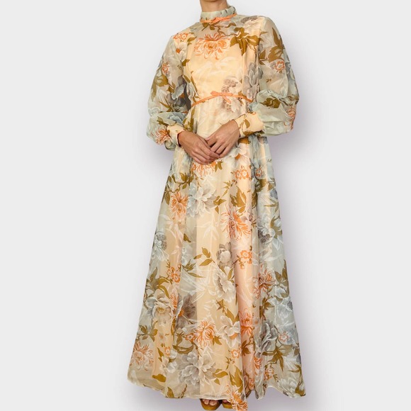 70s Peach Tan and Gray Floral‎ Maxi Dress - Picture 1 of 9